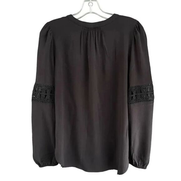 B4‎ LOFT Black Chiffon Lattice Lace Sleeve Blouse Top Size Medium - Picture 3 of 5